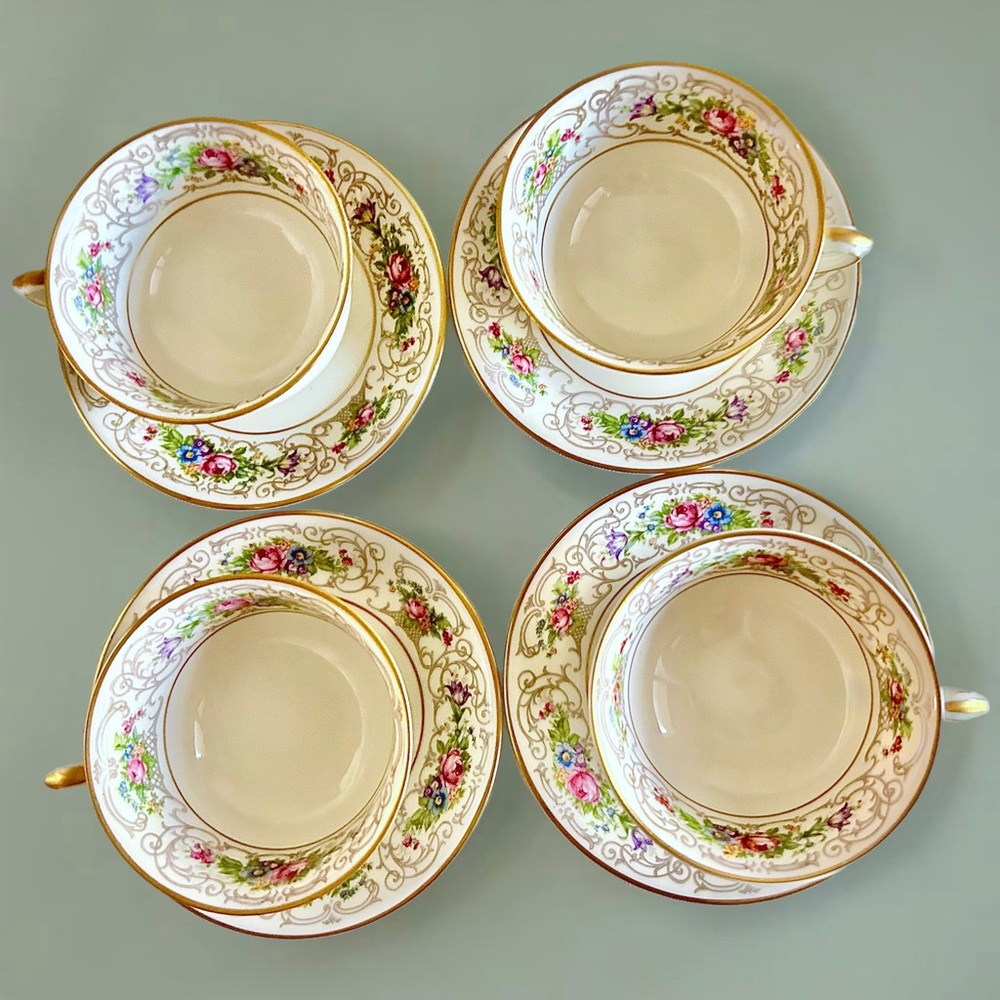 Lamberton Flora Gold Rimmed Teacup and Saucer Set of 4, 8 pc total